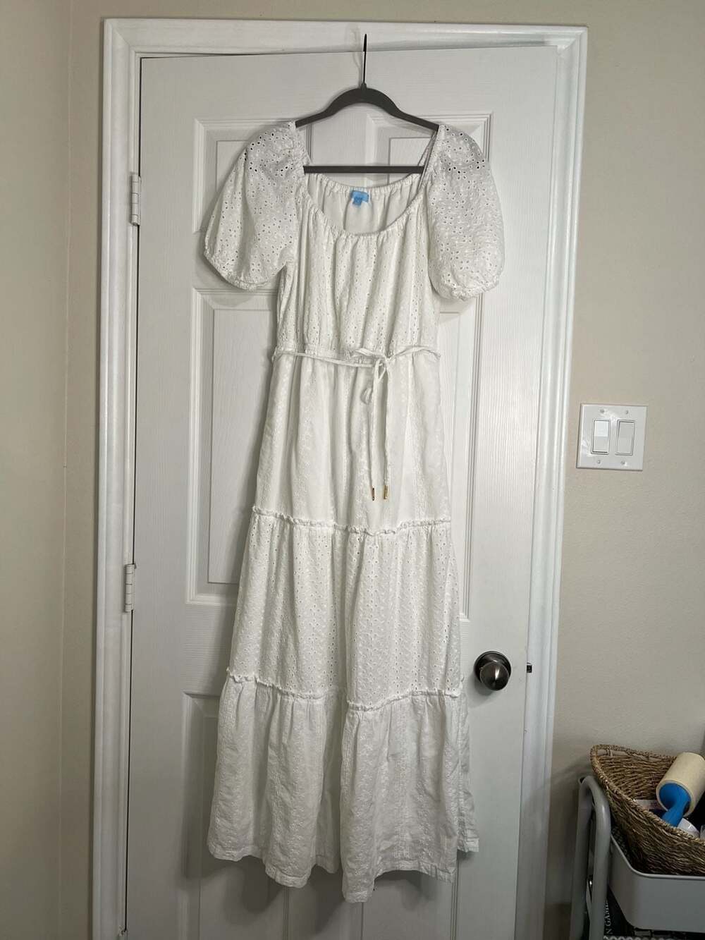 Draper James RSVP White Eyelet Tiered Puff Sleeve Midi Dress